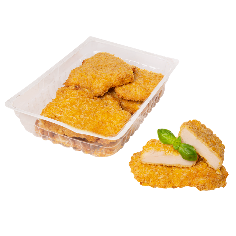 Hähnchenknusperschnitzel, flüssig gewürzt, paniert und gebraten
