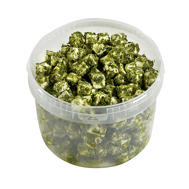 Delikatessen Dahl Weichkäsewürfel, eingelegt in hausgemachtem Pesto